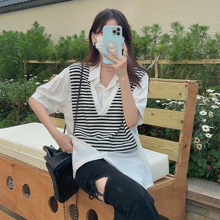 Mock Two-piece Elbow-sleeve Striped Panel Blouse Black & White - One Size