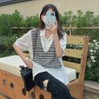 Mock Two-piece Elbow-sleeve Striped Panel Blouse Black & White - One Size