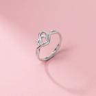 Heart Rhinestone Sterling Silver Open Ring 1 Pc - Silver - One Size