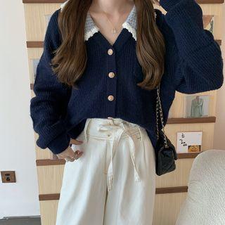 Lace Collar Knit Cardigan Navy Blue - One Size