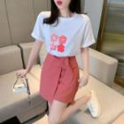 Short-sleeve Floral Print T-shirt / Tie-side A-line Wrap Skirt