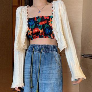 Lace Trim Pointelle Cardigan / Floral Print Tube Top