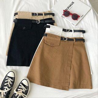 Plain Asymmetric High-waist Cargo A-line Skirt