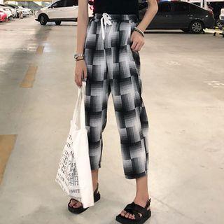 Drawstring Waist Plaid Cropped Pants Plaid - Black & White - One Size