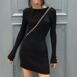 Long-sleeve Crew-neck Mini Sheath Knit Dress