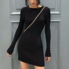 Long-sleeve Crew-neck Mini Sheath Knit Dress