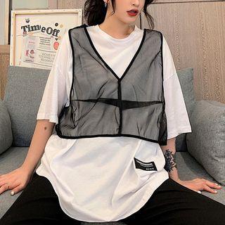 Mock Two-piece Short-sleeve Mesh Panel T-shirt As Shown In Figure - One Size