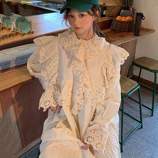 Long-sleeve Lace Ruffle Midi A-line Dress White - One Size
