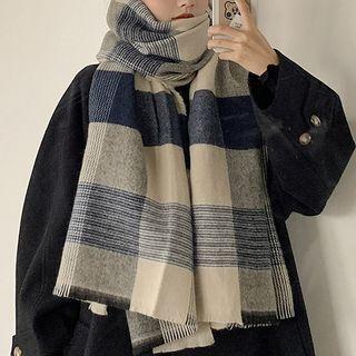 Plaid Fringed Shawl Plaid - Blue - One Size