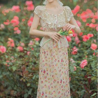 Set: Cap-sleeve Floral Print Top + Skirt