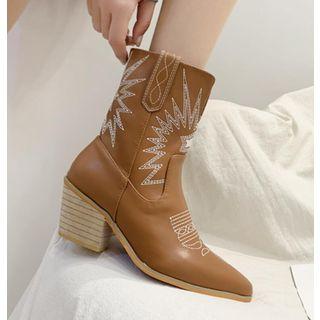 Embroidered Pointy Toe Chunky-heel Short Boots