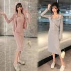 Set: Spaghetti Strap Midi Sheath Dress + Zip Hoodie
