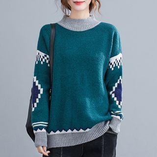 Patterned Mock-neck Sweater Green - One Size