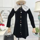 Lace Collar Long-sleeve Mini Velvet Shift Dress Black - One Size