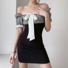 Short-sleeve Gingham Panel Sheath Dress