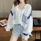 Long-sleeve Frill Trim Paneled Buttoned Top