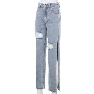 Ripped Slitted Straight-fit Jeans