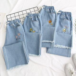Embroidered Fringed Hem Straight Leg Jeans