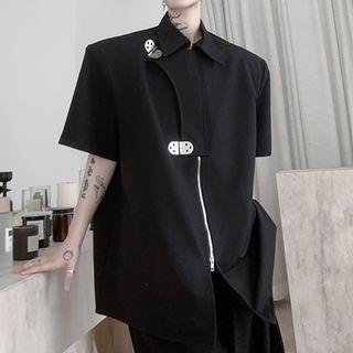 Elbow-sleeve Shoulder Padded Metal Hinge Zip Shirt