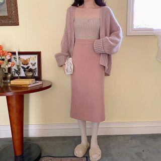 Strapless Ribbed Knit Top / Open-front Cardigan
