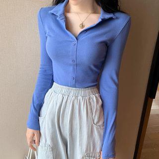 Long-sleeve V-neck Collared Top