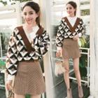 Set: Patterned Lantern-sleeve Sweater + Striped High-waist Mini A-line Skirt