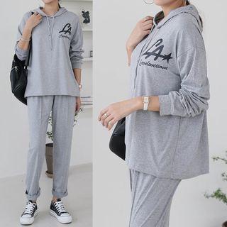 Set: Letter-printed Hoodie + Seam-trim Pants