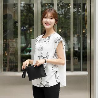Cuff-sleeve Pattern Linen Blend Top