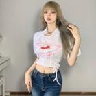 Elbow-sleeve Cherry Print Cropped T-shirt