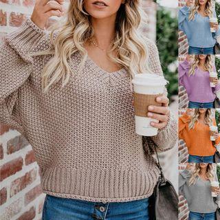 Long Sleeve V-neck Loose-fit Plain Sweater