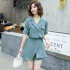 Set: Elbow-sleeve Double Breasted Chiffon Blazer + Mini Skort