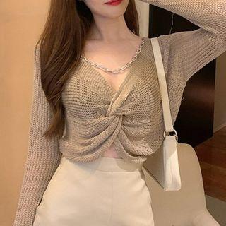 Long-sleeve Twist Knit Crop Top
