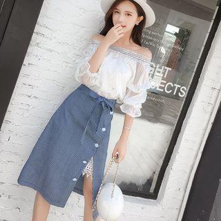 Set: 3/4-sleeve Off Shoulder Top + Striped A-line Skirt