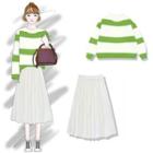 Striped Long-sleeve Knit Top / Midi A-line Skirt
