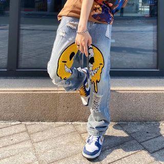 Mid Waist Distressed Print Wide Leg Jeans