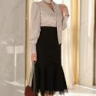 Set: Lantern-sleeve Blouse + Lace Trim Ruffle Hem Pencil Skirt