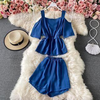 Set: Cold Shoulder Blouse + Wide Leg Shorts