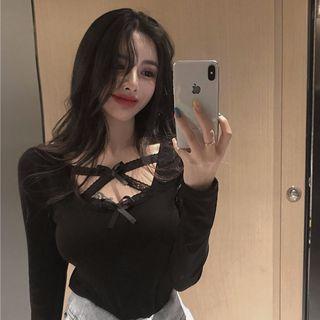 Lace Cross Strap Long-sleeve T-shirt