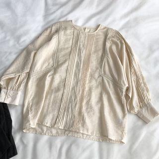 Long-sleeve Plain Pleated Blouse Almond - One Size