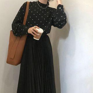 Balloon-sleeve Dotted Blouse White Dotted - Black - One Size