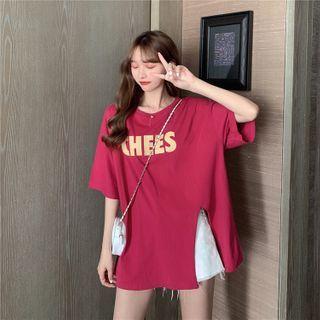 Lettering Slit Elbow-sleeve T-shirt