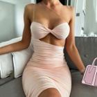 Plain Sleeveless One Shoulder Cut-out Sheath Mini Dress