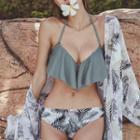 Set: Ruffle Trim Bikini + Leaf Print Cover-up