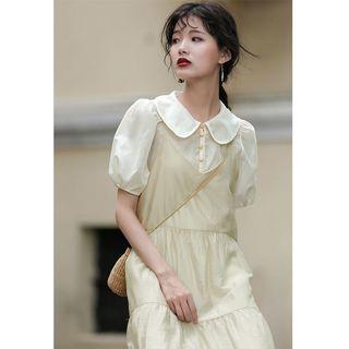 Short-sleeve Buttoned A-line Midi Dress Almond - One Size
