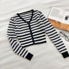Color-block Striped Long-sleeve Cardigan White - One Size