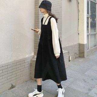 Plain Midi A-line Pinafore Dress / Turtleneck T-shirt