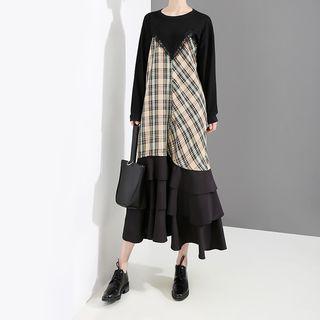 Plaid Panel Long-sleeve Midi Mock Two Piece Dress Black - One Size