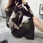 Camouflage Frill-hem Sweater Dress