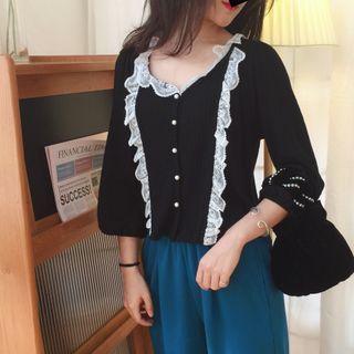 Long-sleeve Ruffle Button Knit Top