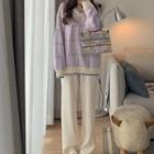 V-neck Plaid Sweater / Plain Wide-leg Pants